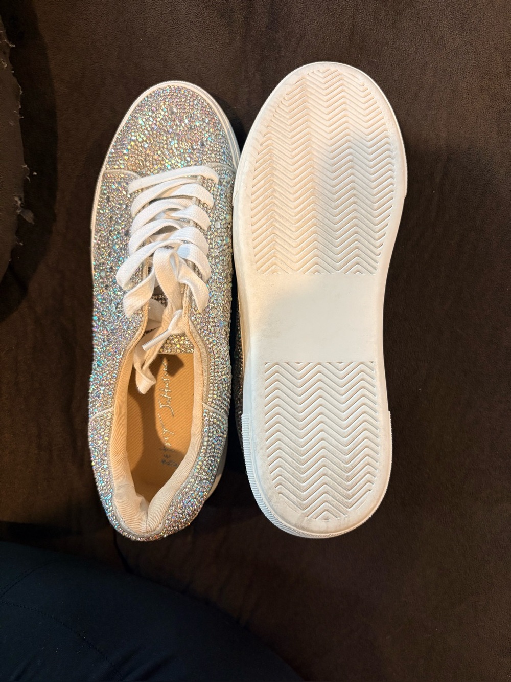 Betsey Johnson Iridescent Crystal Embellished White Lace-Up Sneakers
